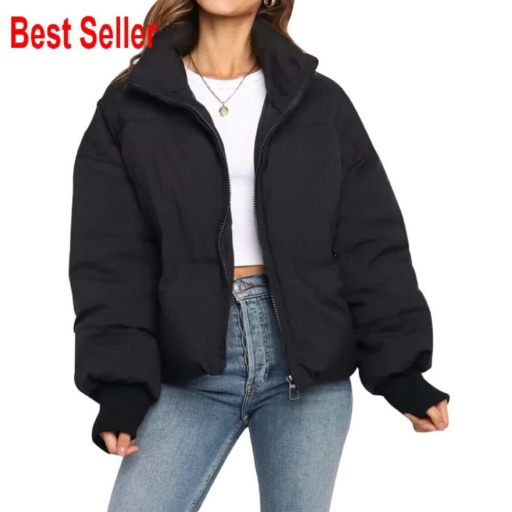 Cropped Puffer Jacket Quilted Winter Coat Stand Collar Zippered Pockets Chic